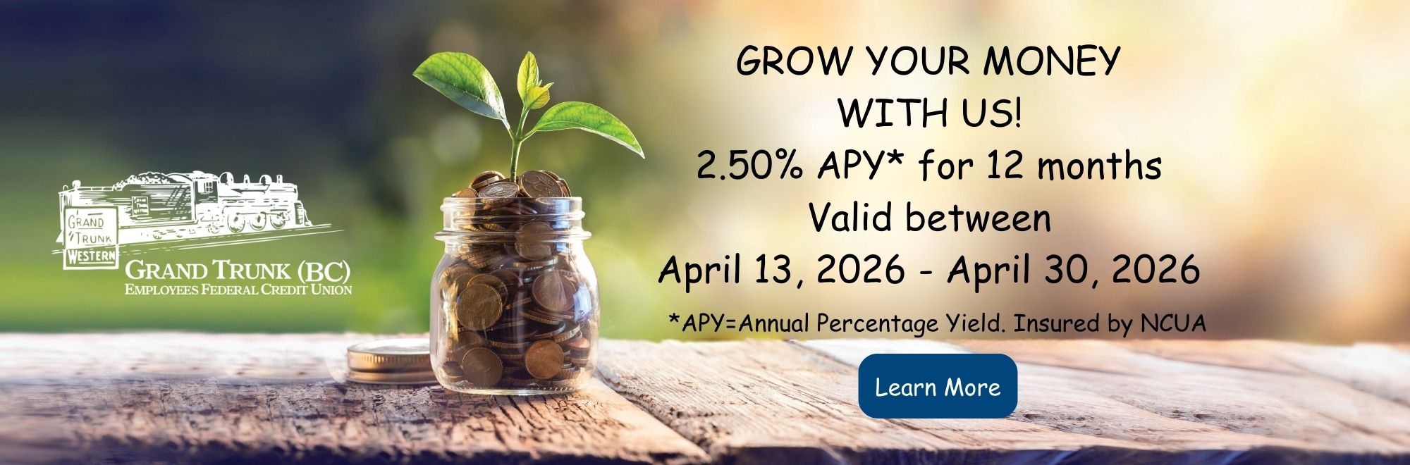 Grow your Money with us! 2.50% Annual percentage yield for 12 months. Valid between April 13-April 30, 2026. Insured by NCUA.
