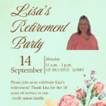 Join us for Lisa's Retirement Party on 9/14 from 11am-1pm in the GTBCEFCU Lobby